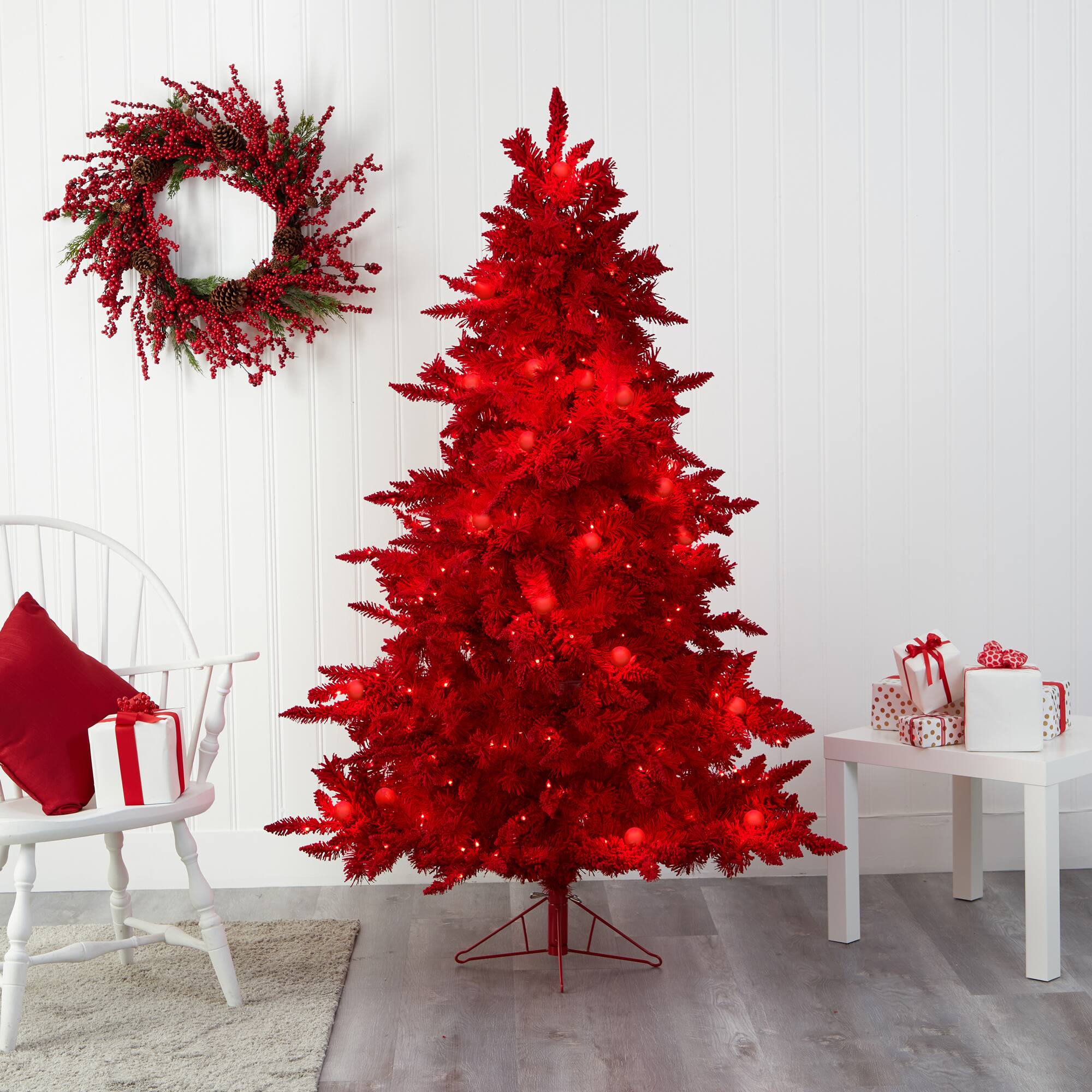 6ft. Pre-Lit Red Fraser Fir Artificial Christmas Tree, Red Lights